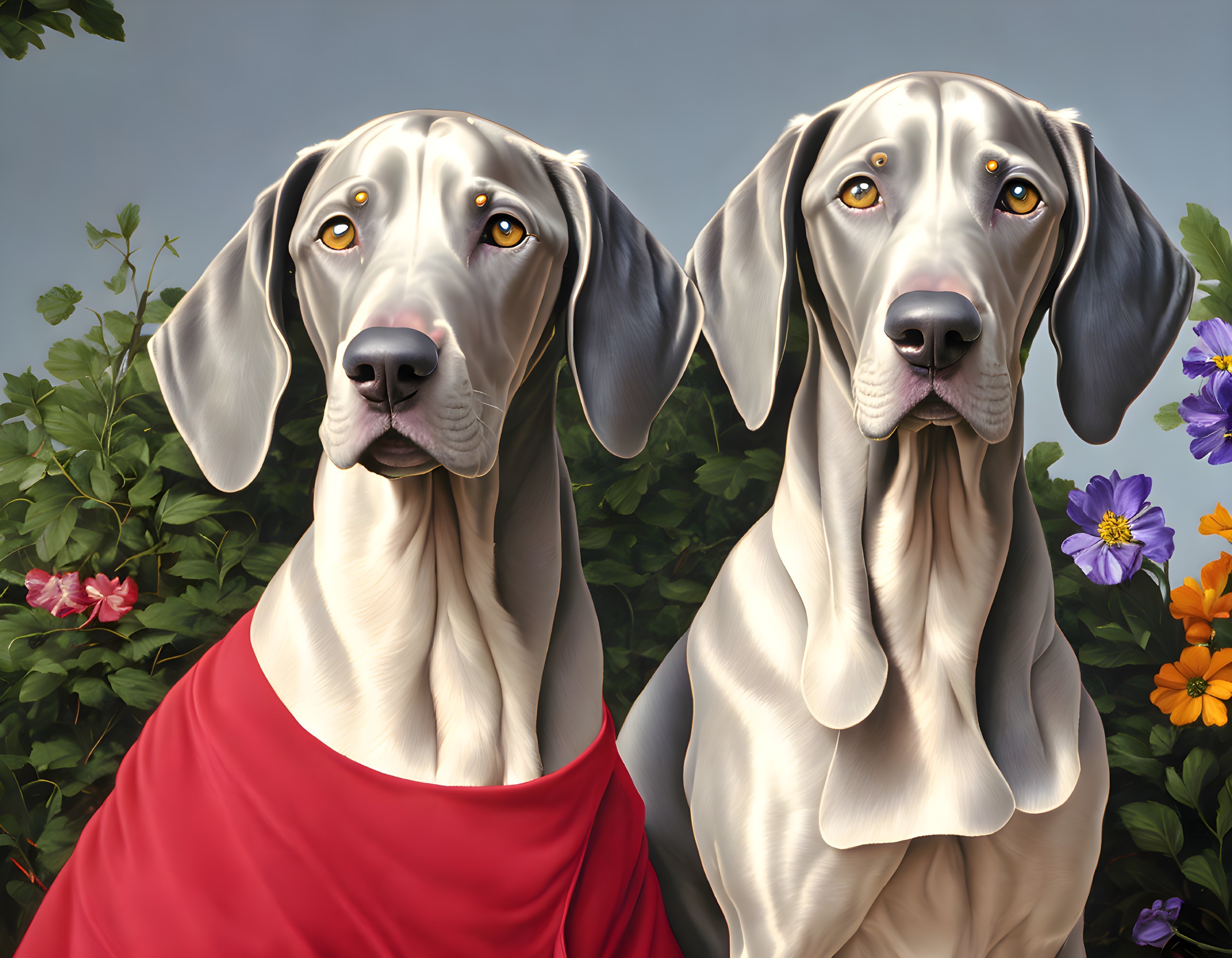 Two Weimaraners in red and yellow outfits amid vibrant flowers with human-like expressions