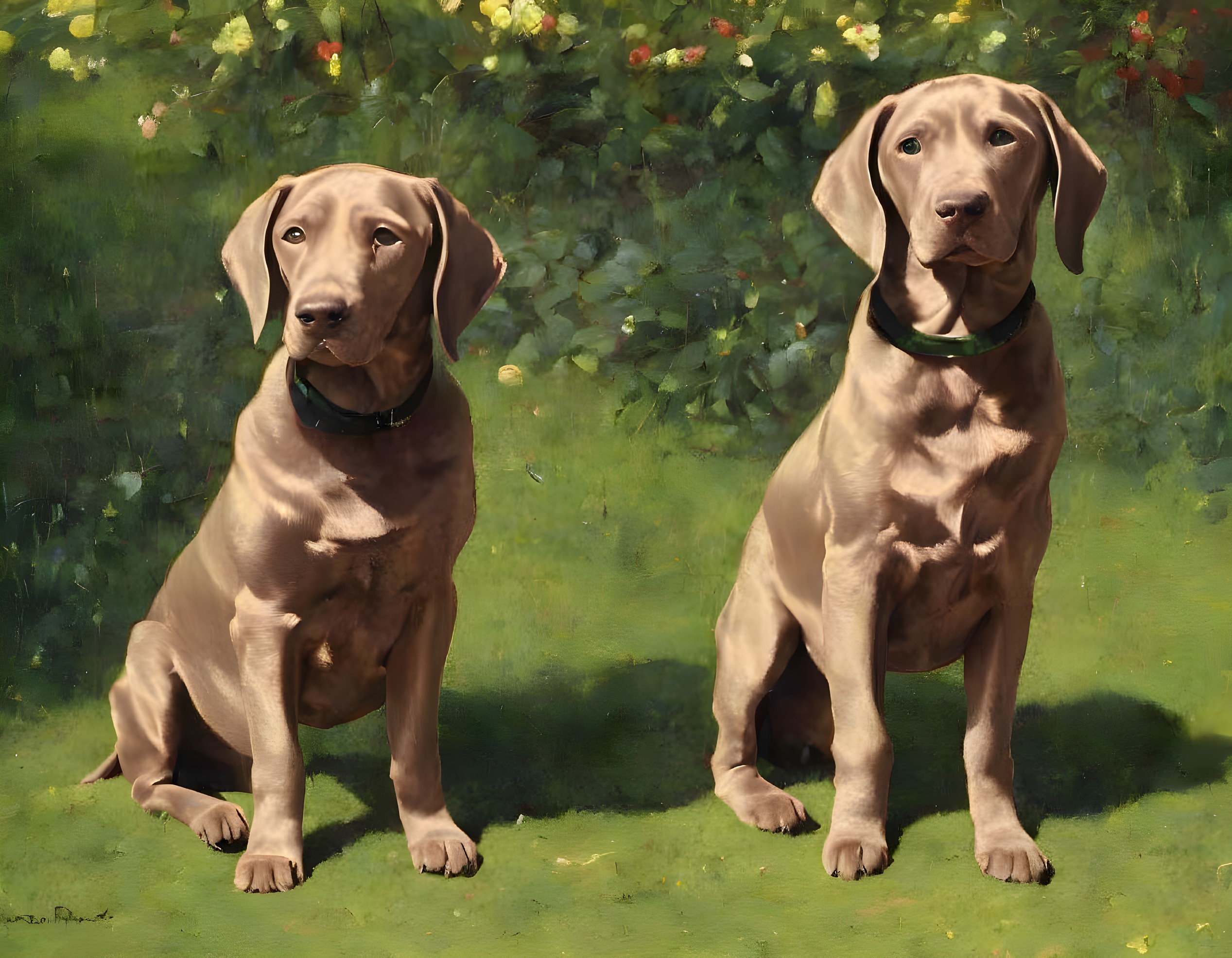 Two Weimaraner dogs in a grassy field with flowers under sunlight