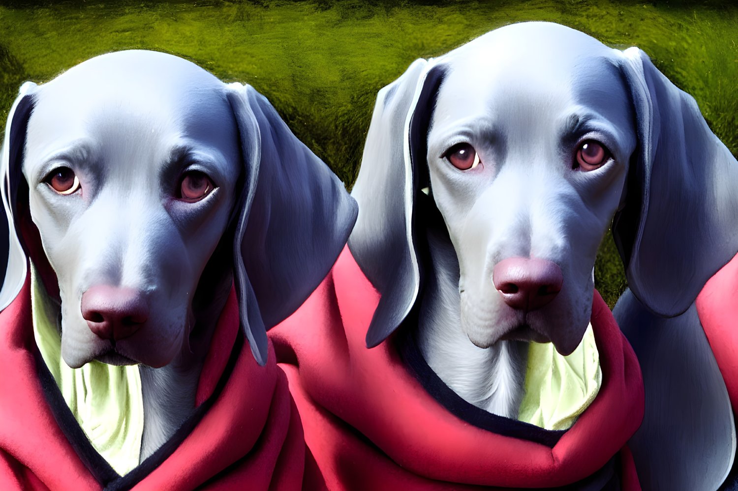 White Dogs with Red Scarves Sitting on Grass