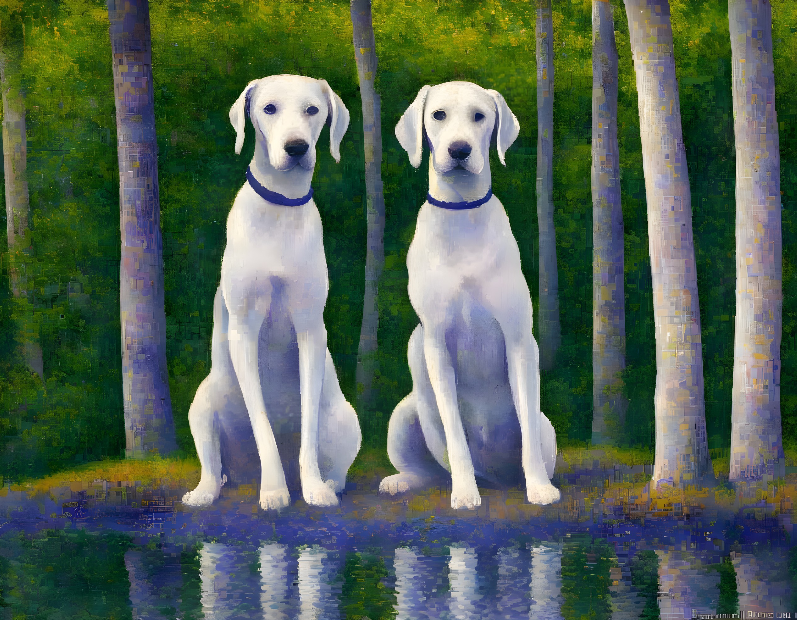 Two White Dogs with Blue Collars Sitting by Tranquil Forest Lake