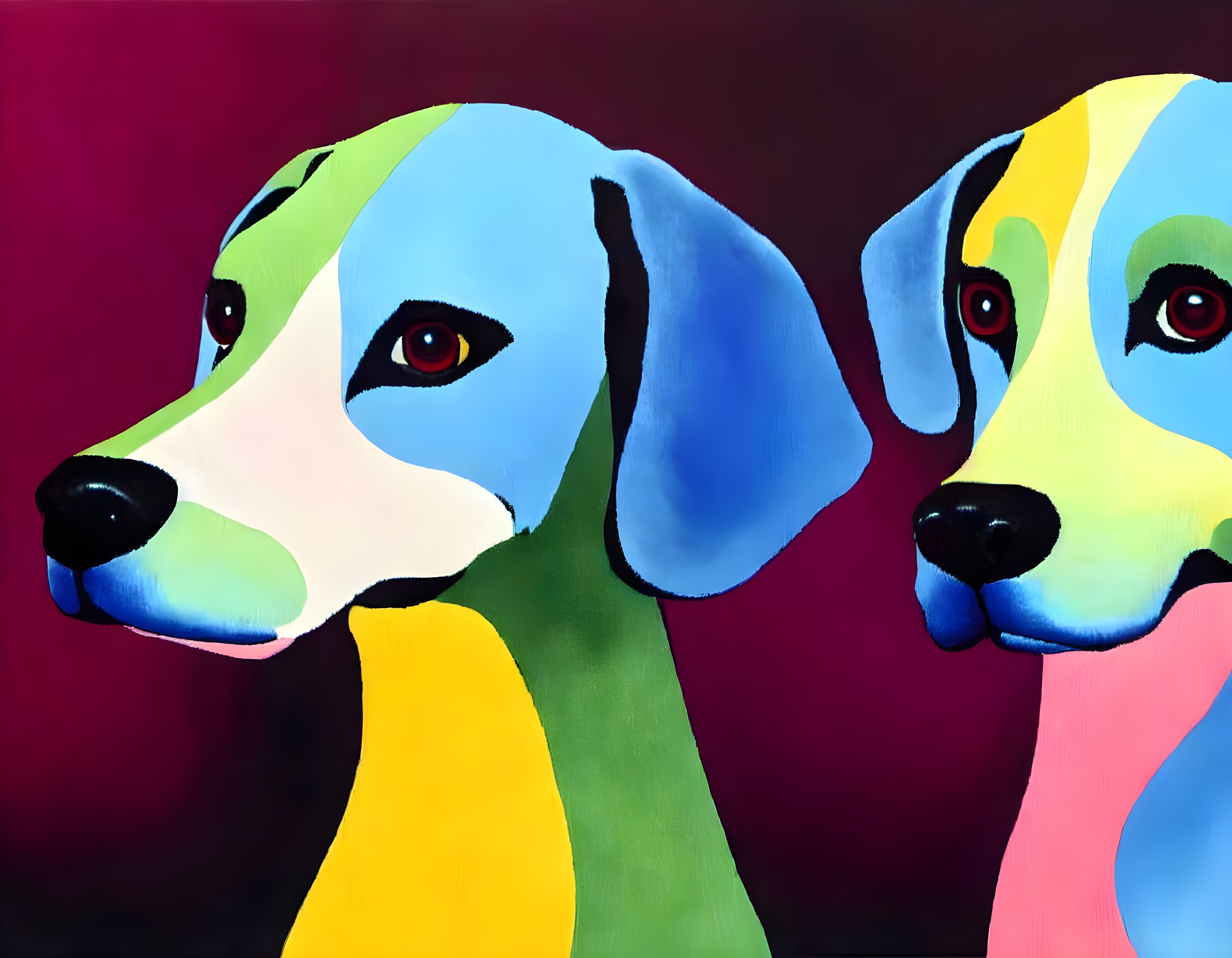 Vibrant dog paintings on red background