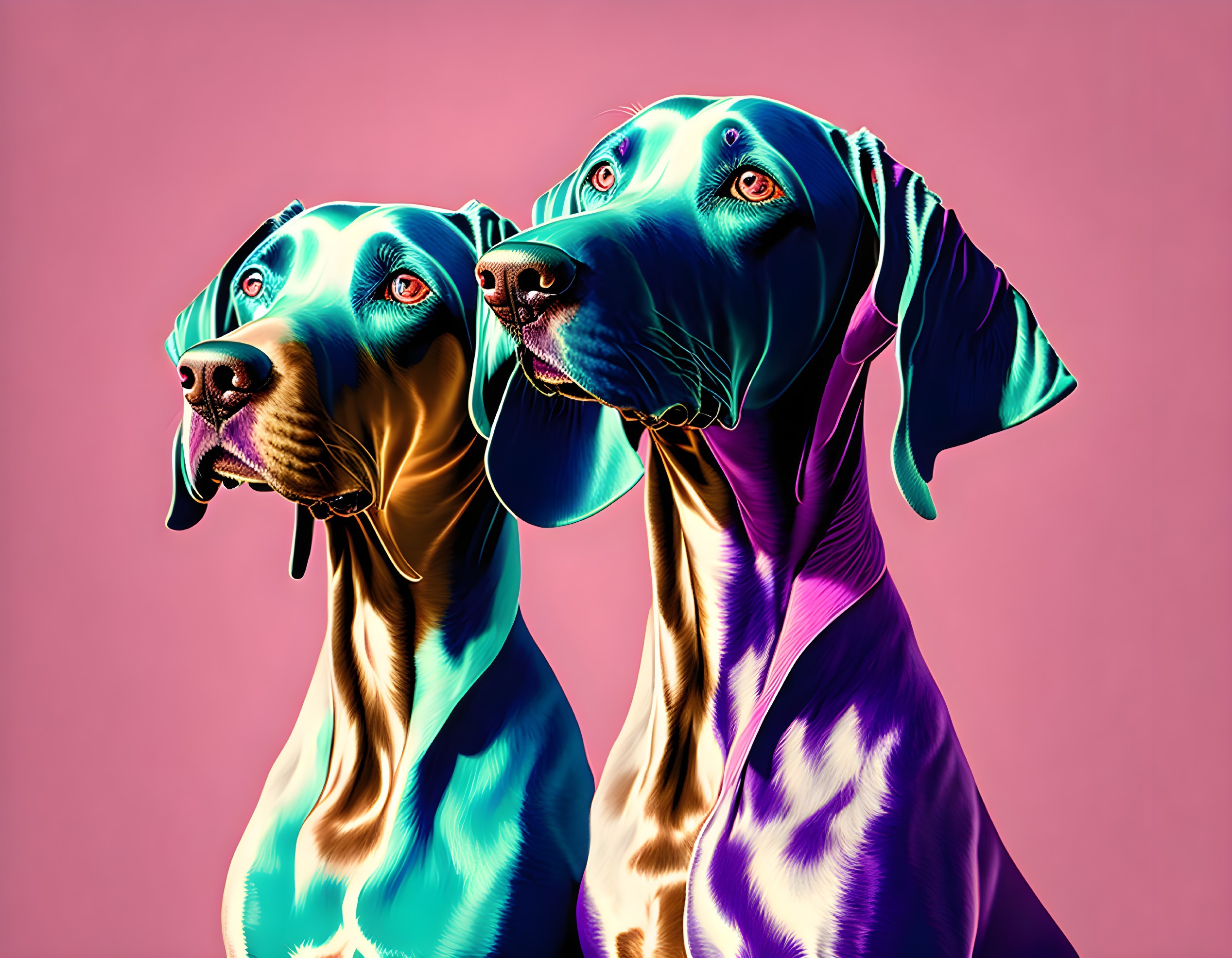 Vibrantly colored digital art portraits of dogs on pink background