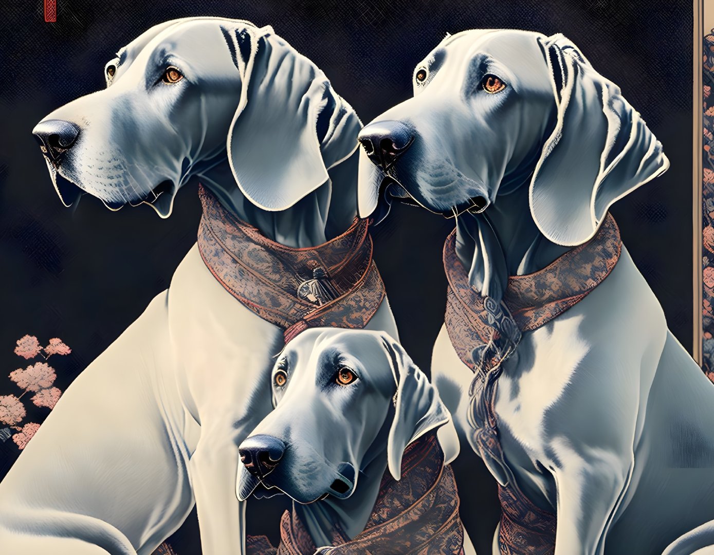 Elegant Dogs with Blue-Gray Coats and Patterned Collars