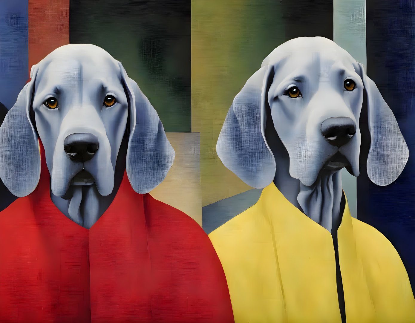 Two Dogs in Human-like Postures with Red and Yellow Shirts on Geometric Background