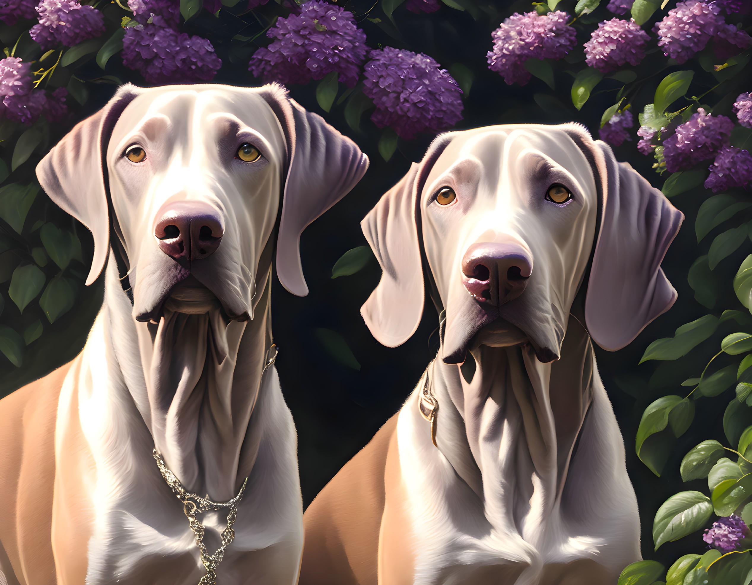 Two Weimaraner Dogs with Purple Flowers Background