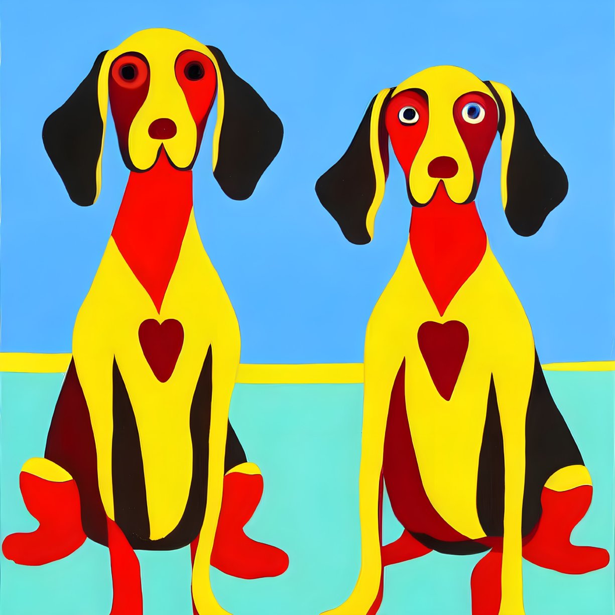 Stylized cartoon dogs with heart-shaped features on blue and yellow background