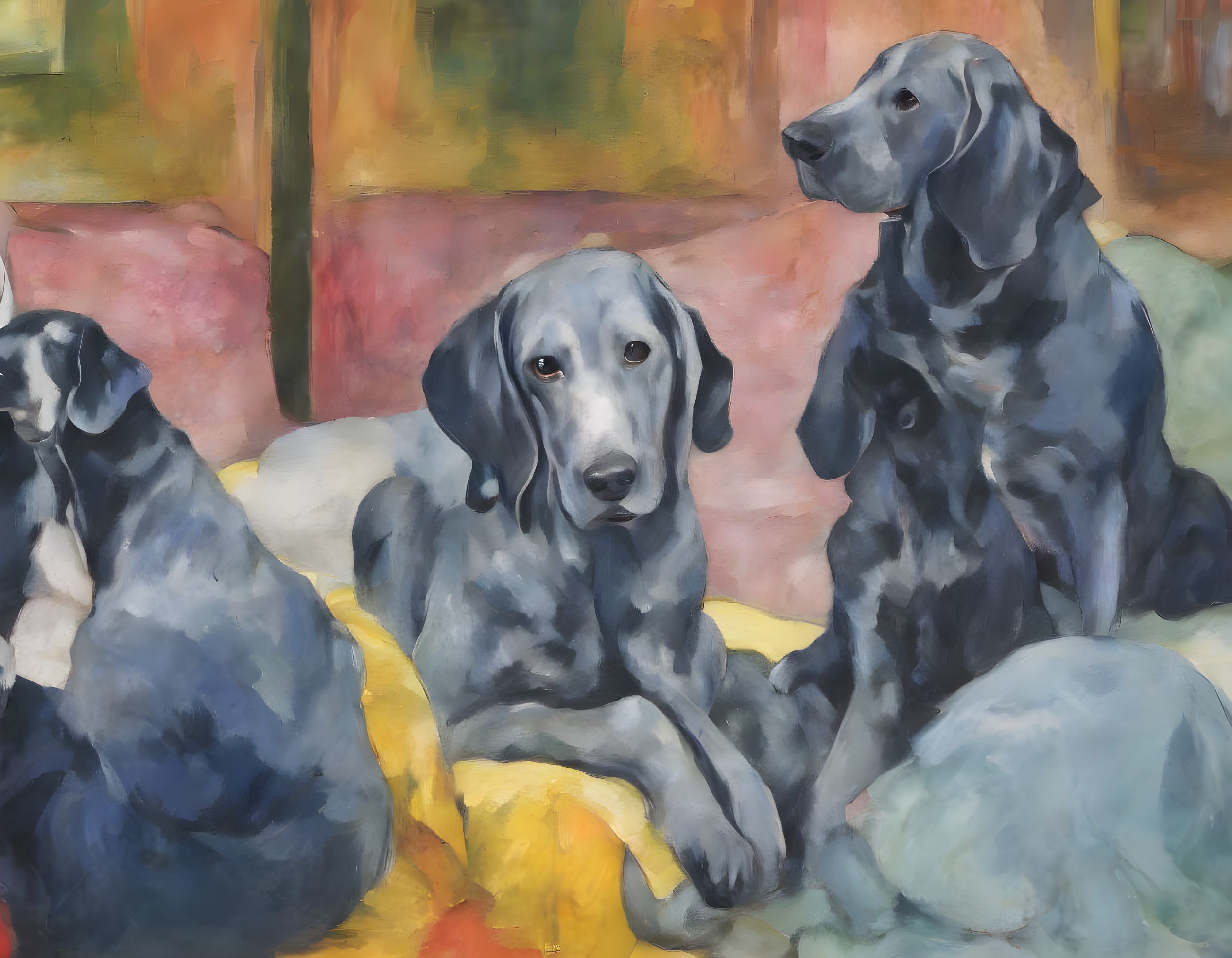 Three Labrador Retrievers in Colorful Impressionistic Painting