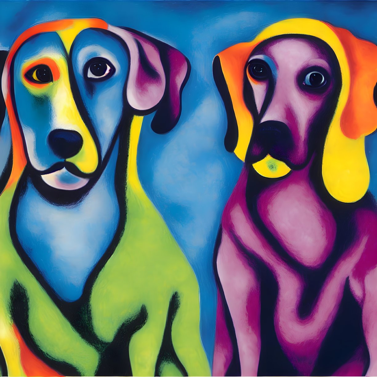 Vibrant Abstract Painting of Stylized Dogs with Exaggerated Features