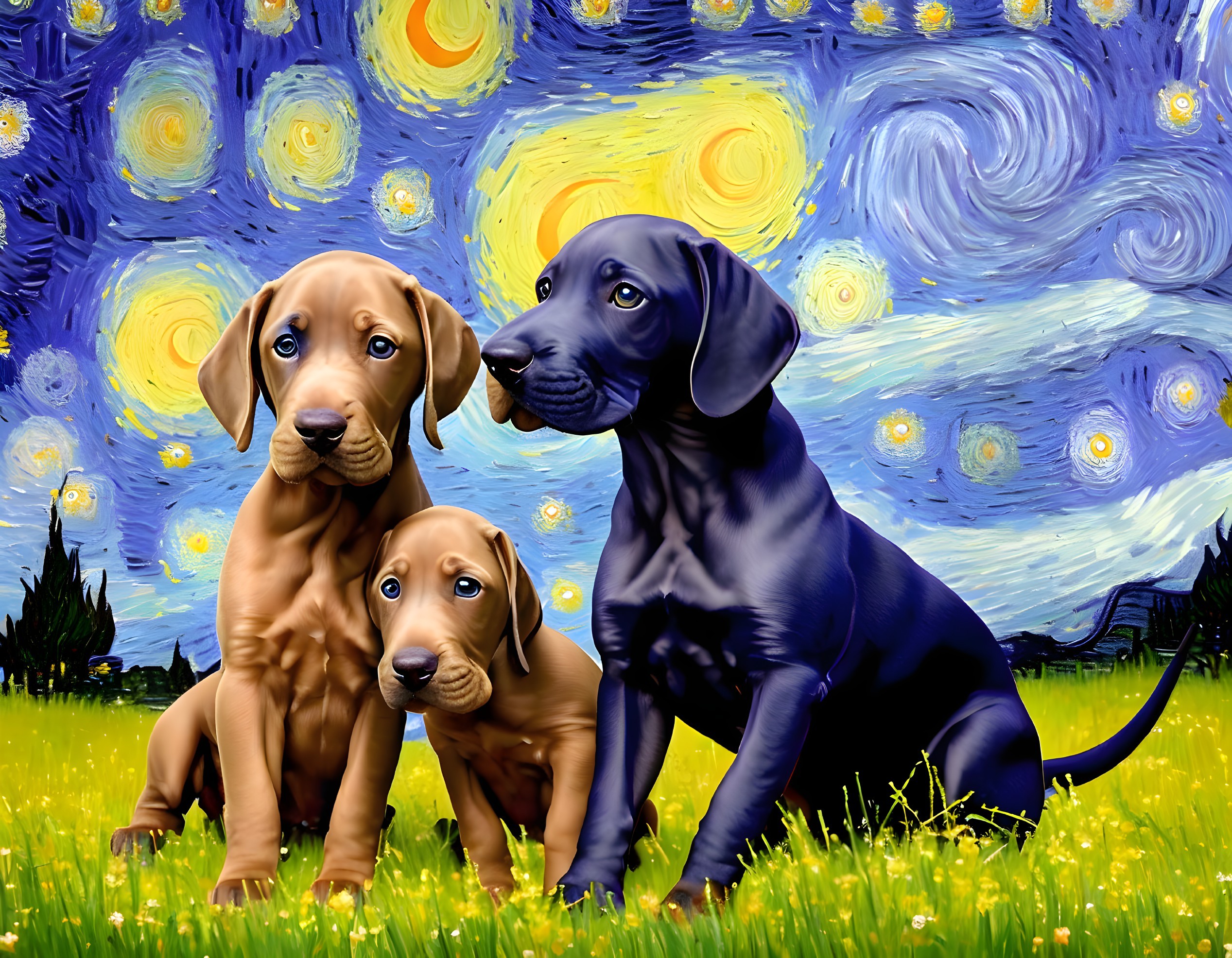 Three dogs in grassy field under Van Gogh-inspired sky