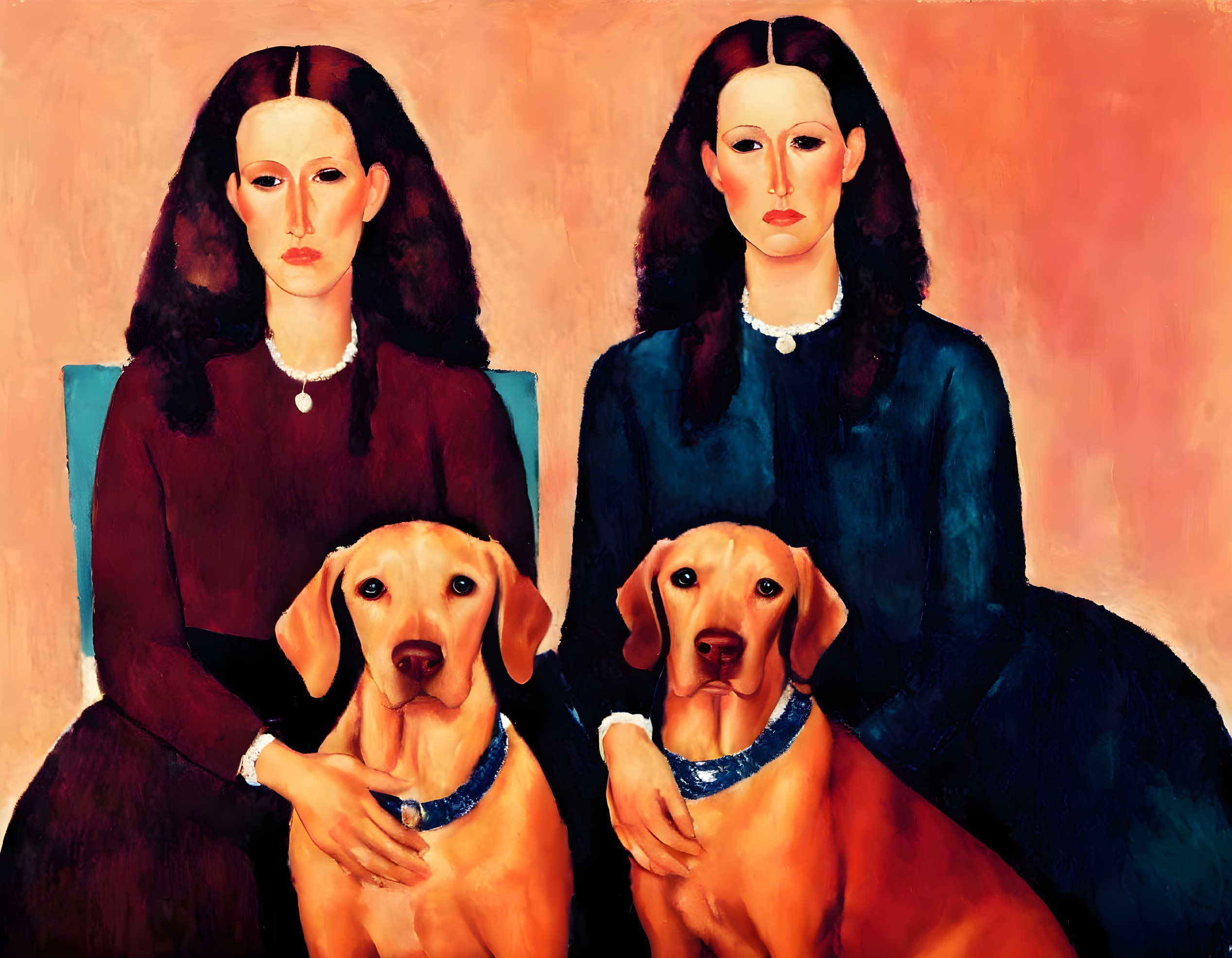 Identical Women with Yellow Labradors in Warm Background