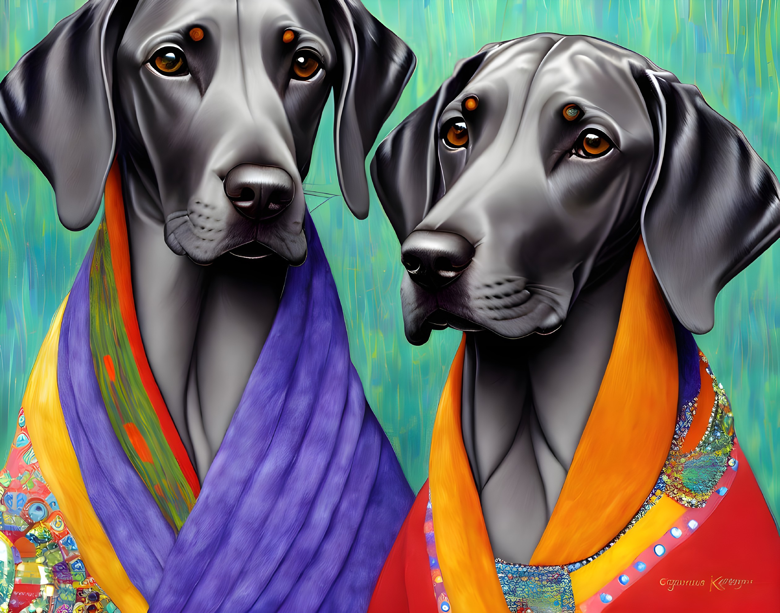 Two Weimaraner dogs with colorful scarves on teal background