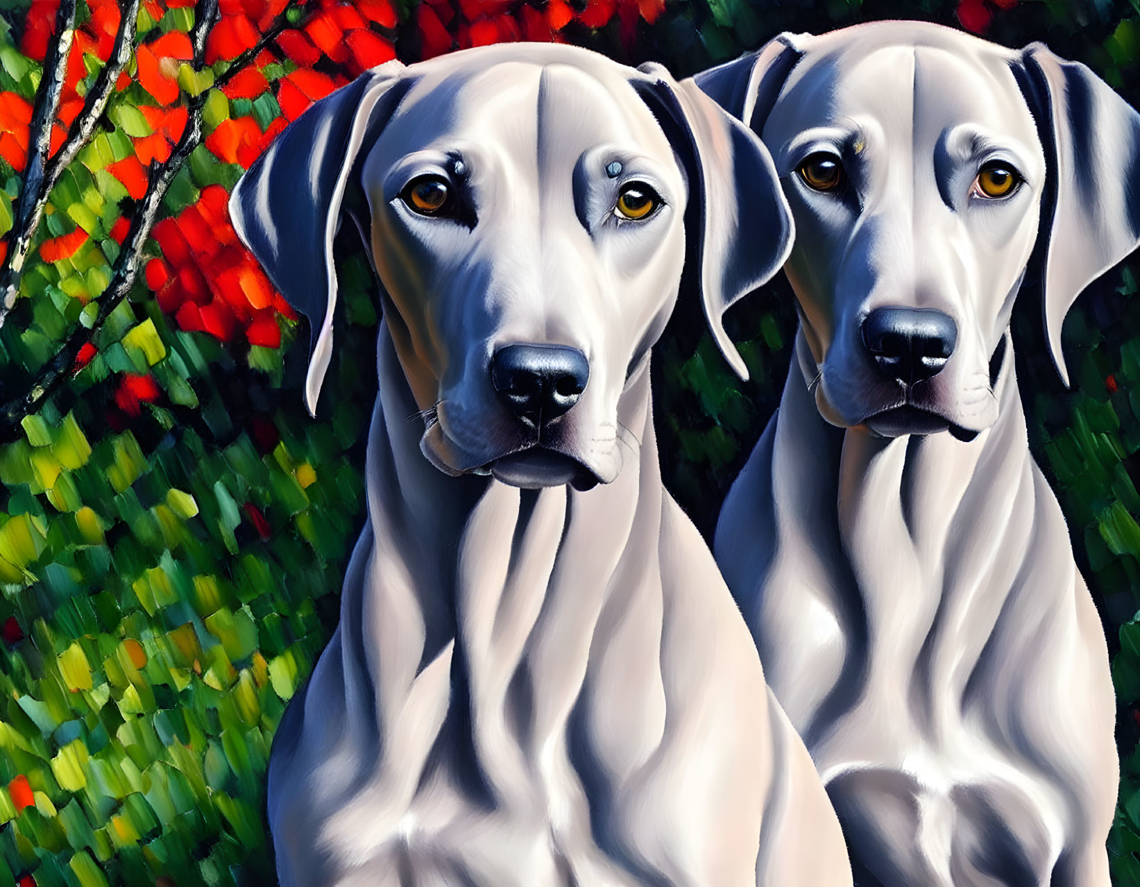 Elegant White Dogs in Lively Red and Green Setting