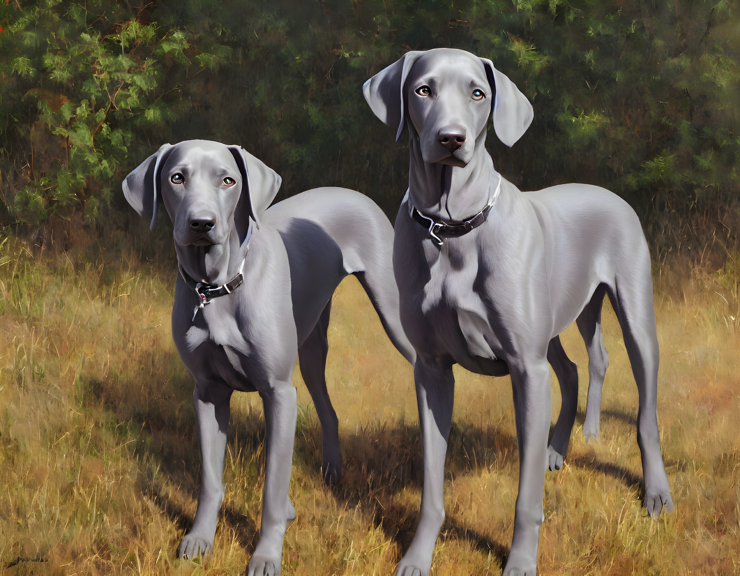 Two Weimaraner Dogs in Field with Collars