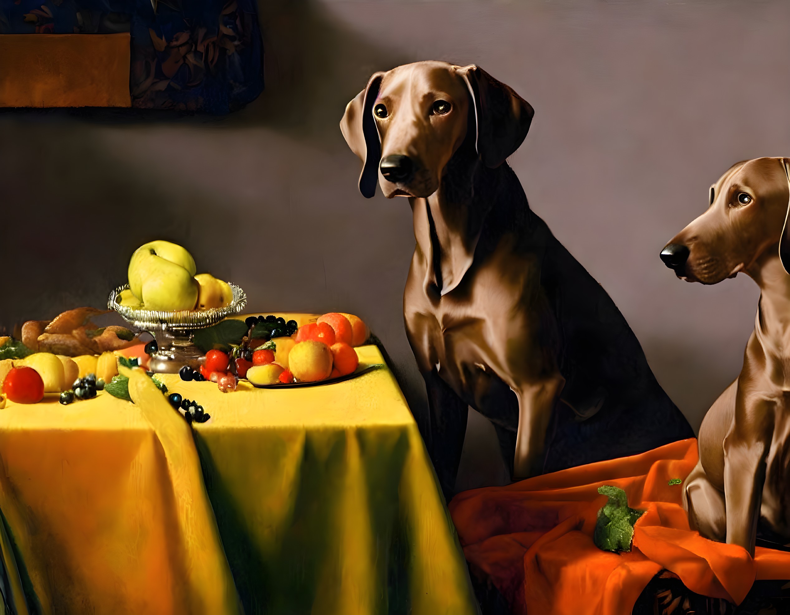 Two dogs with fruit still-life on table in classic style