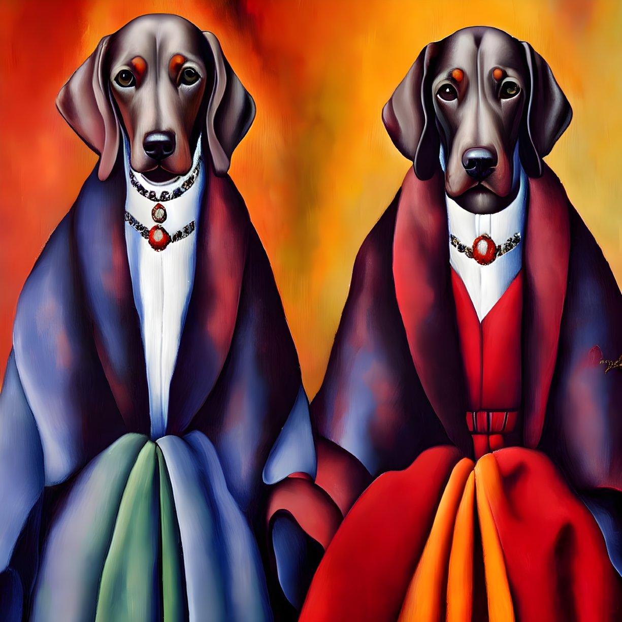 Stylized dogs in colorful attire on orange-red gradient backdrop