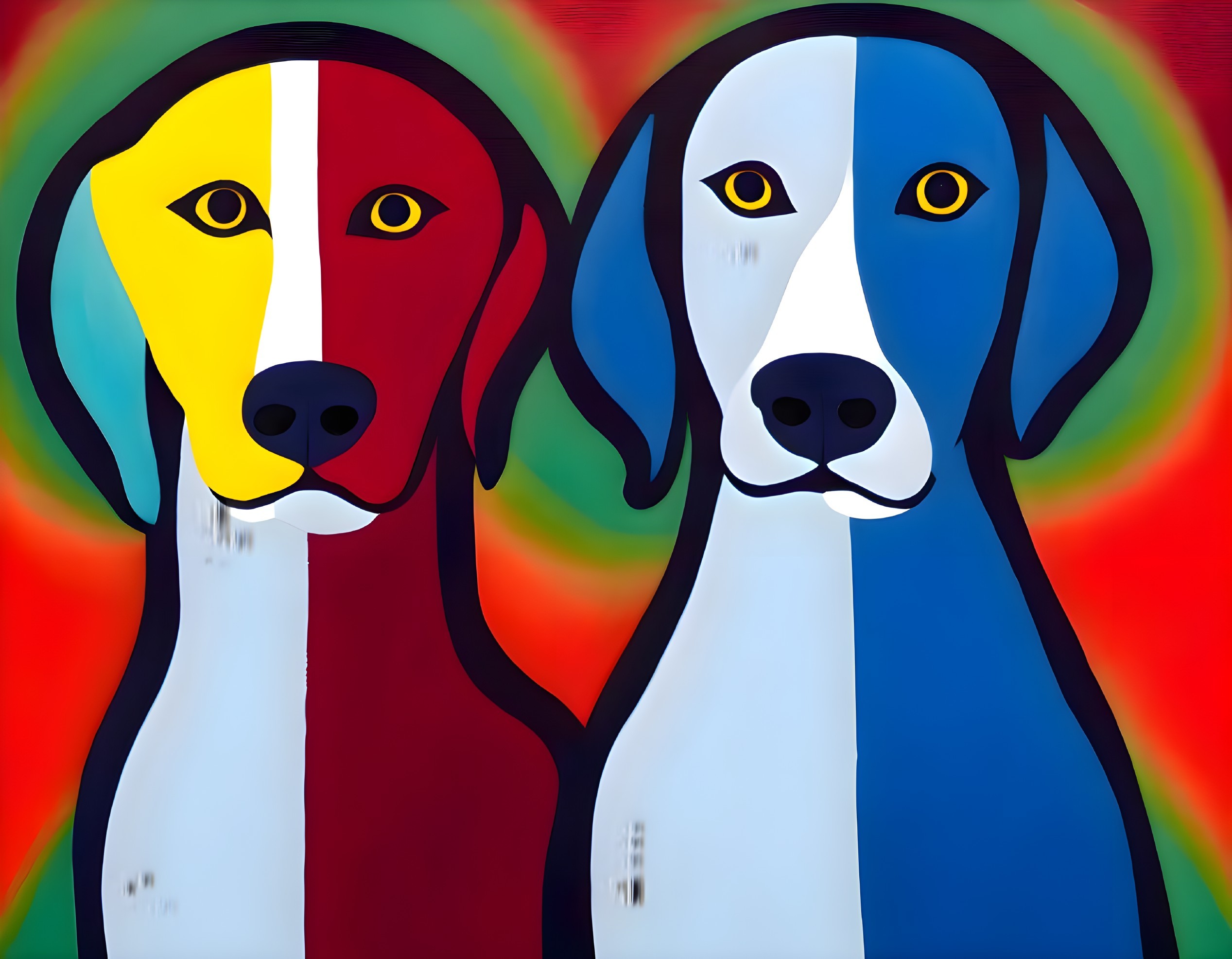 Stylized colorful dog portraits on vibrant background