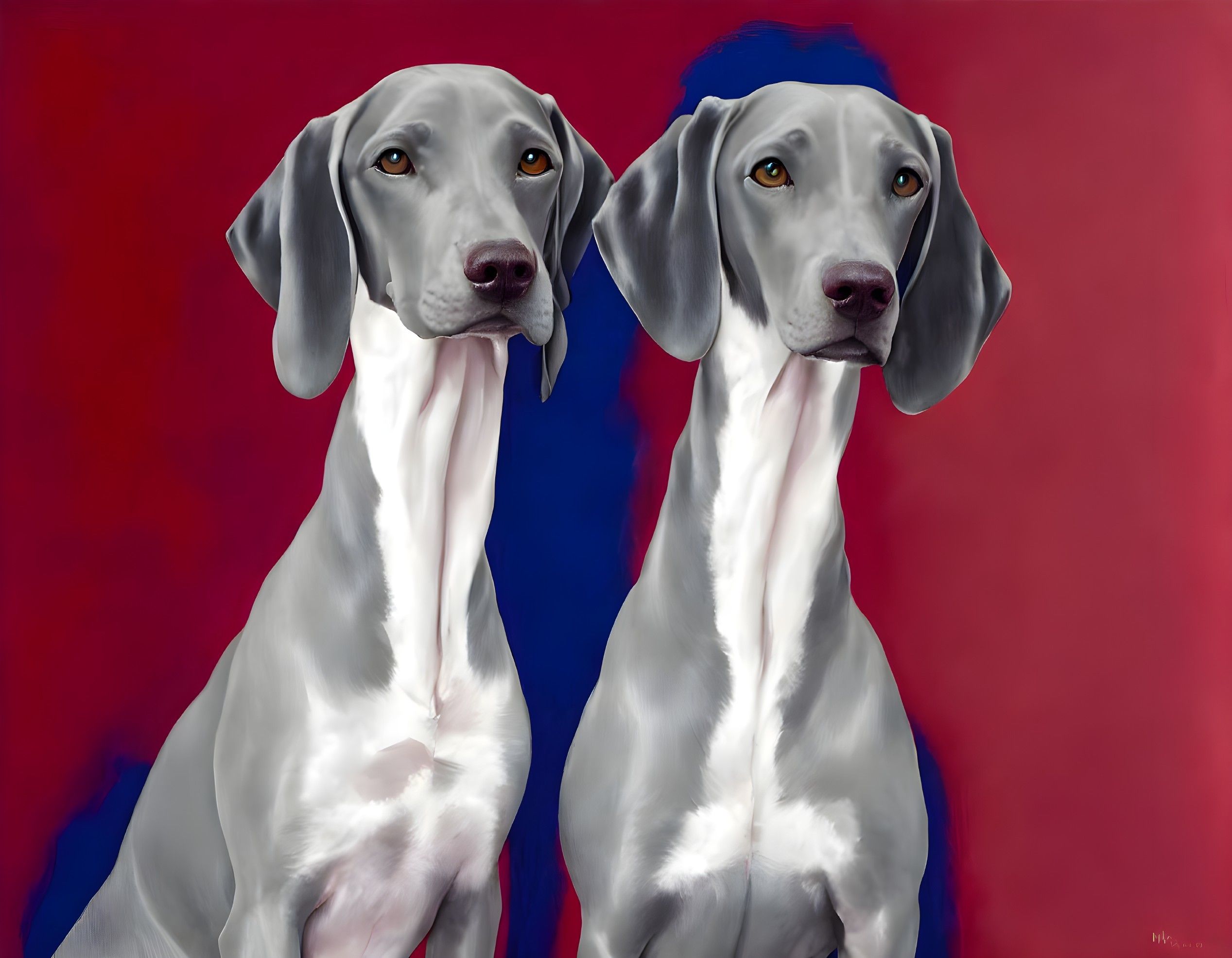 Symmetrical Grey Weimaraner Dogs on Blue and Red Background