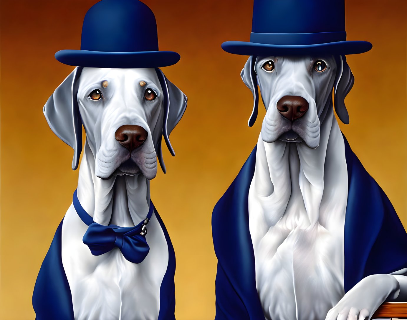 Stylized dogs in blue top hats and ties on orange backdrop