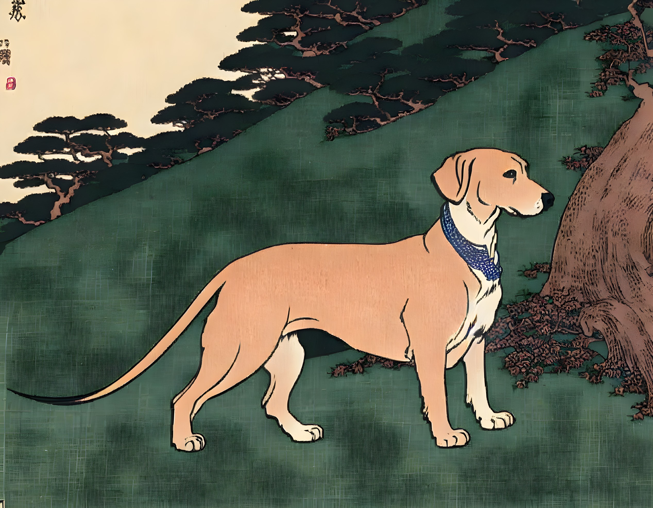 Tan Dog with Blue Bandana in Traditional East Asian Landscape