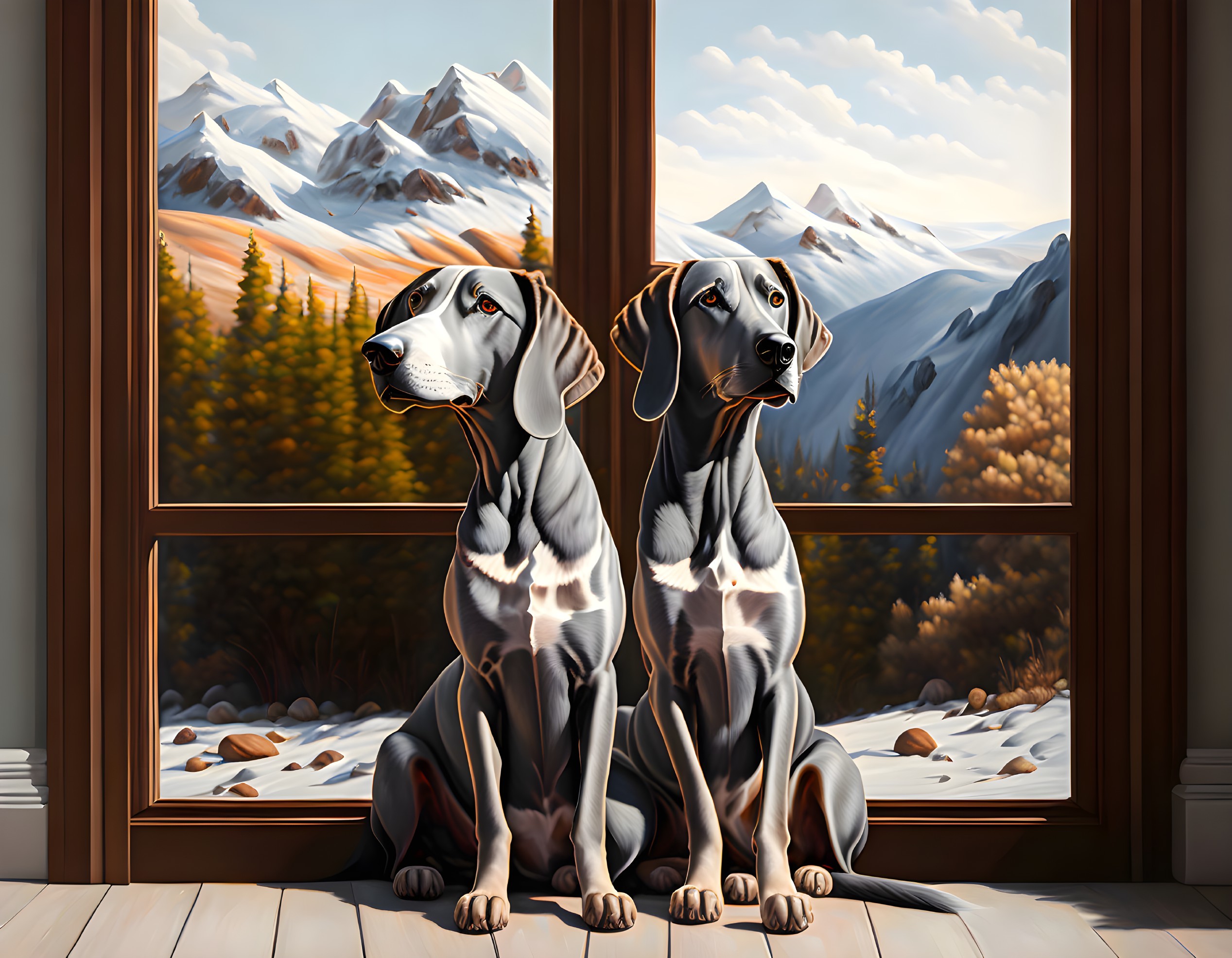 Two dogs by an open window overlooking mountains and forest.