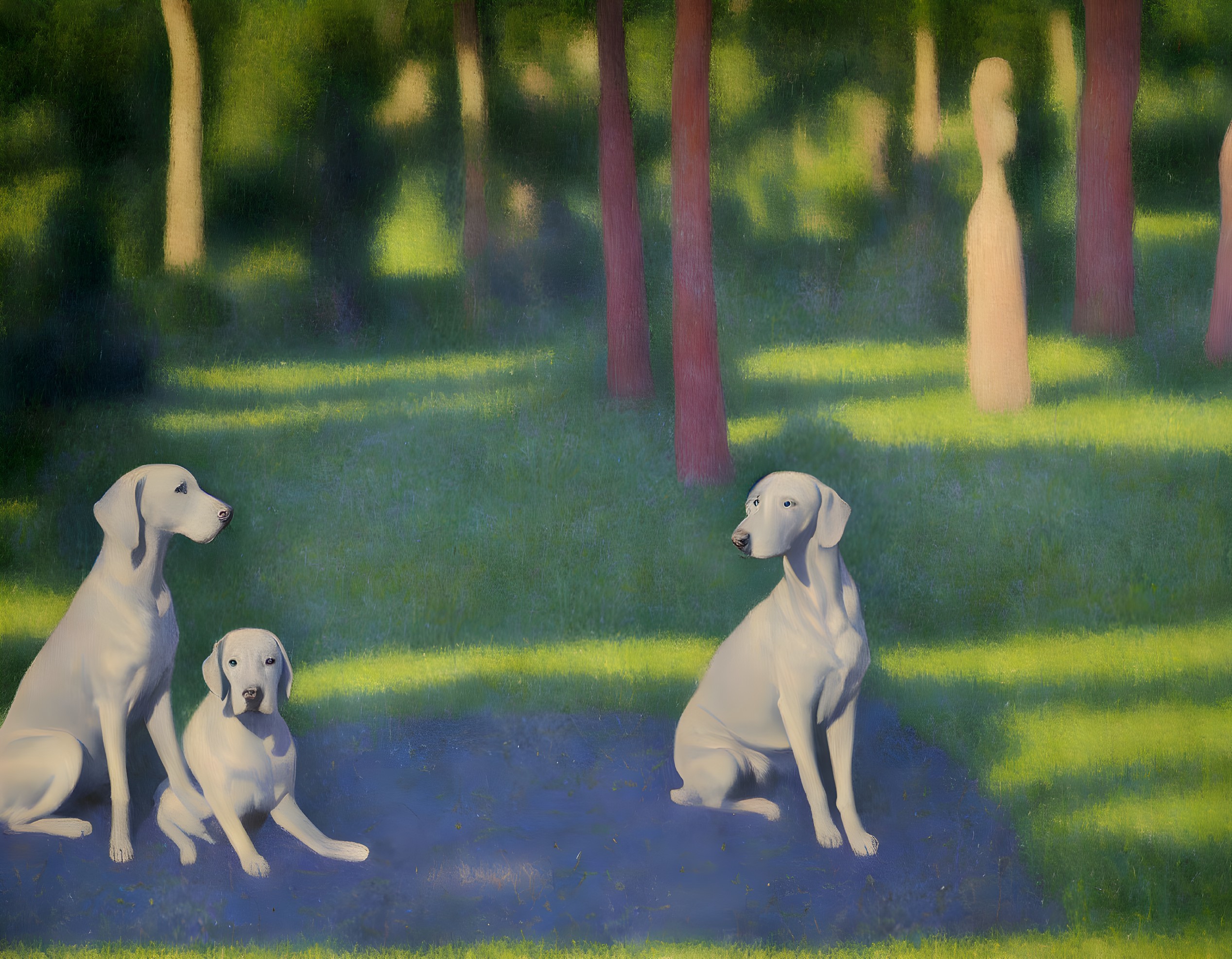 Three White Dogs Sitting in Park with Trees and Blurry Figure