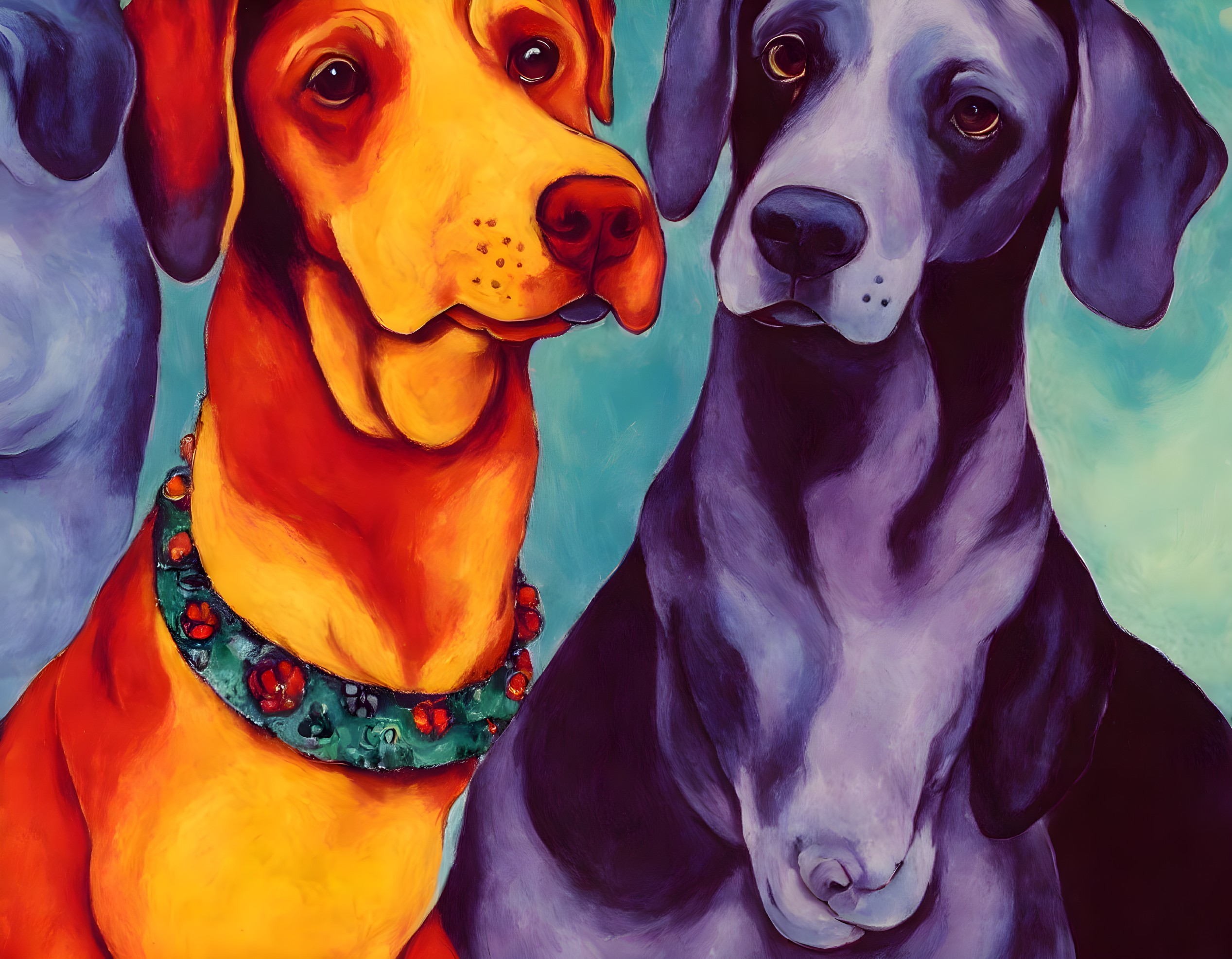 Colorful painting of two dogs - one golden, one gray - against teal backdrop, showcasing expressive faces