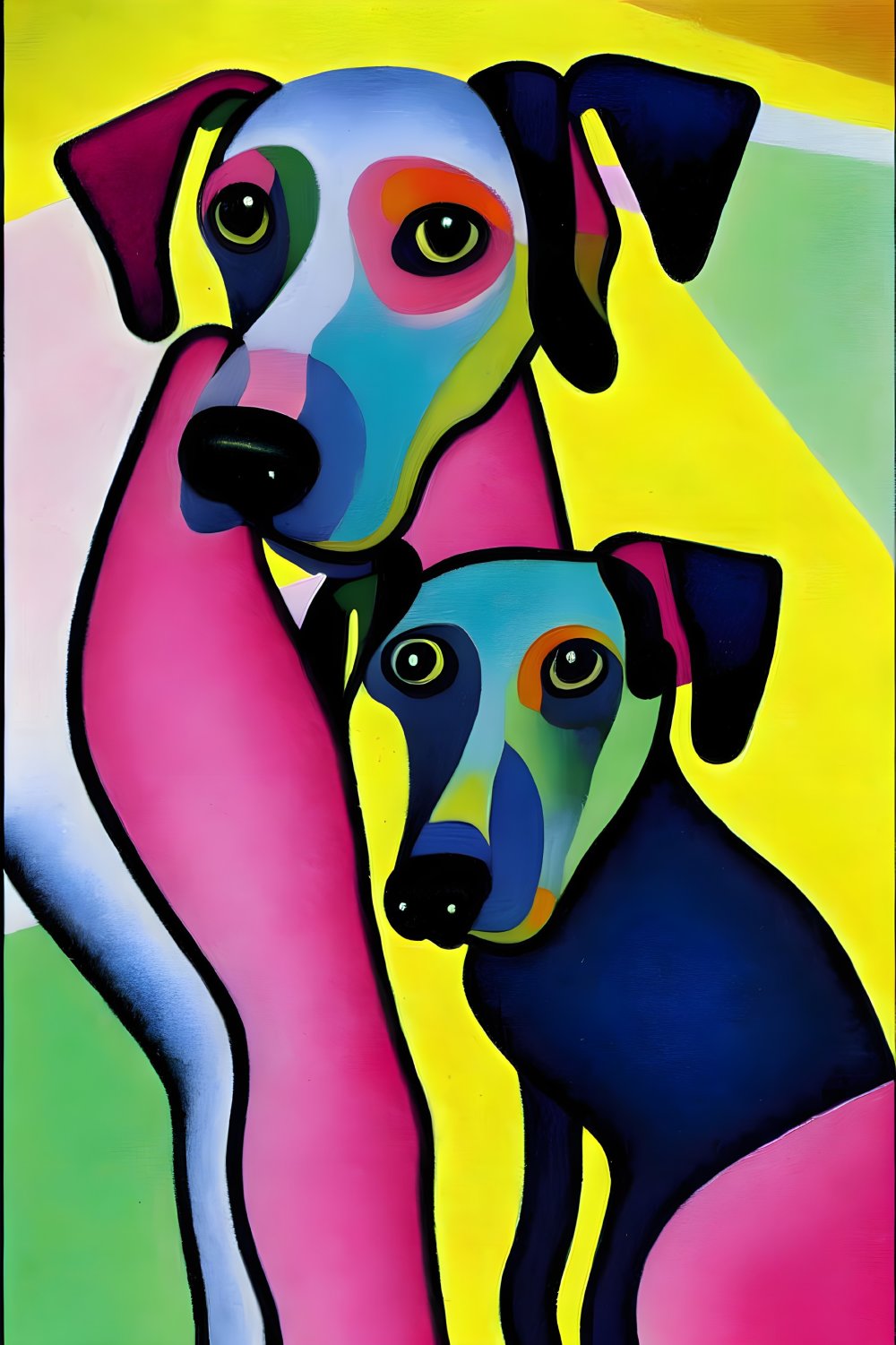 Colorful Stylized Dogs on Vibrant Yellow Background
