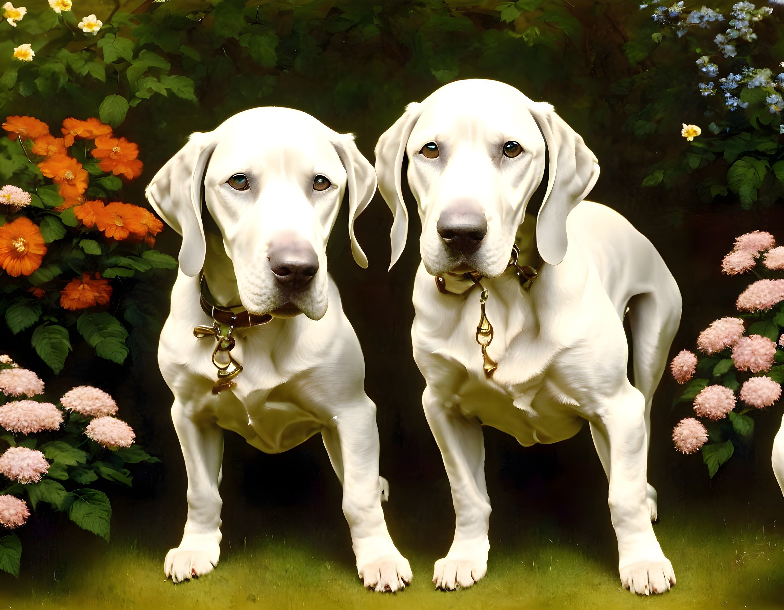 Two White Dogs in Garden with Orange and Pink Flowers