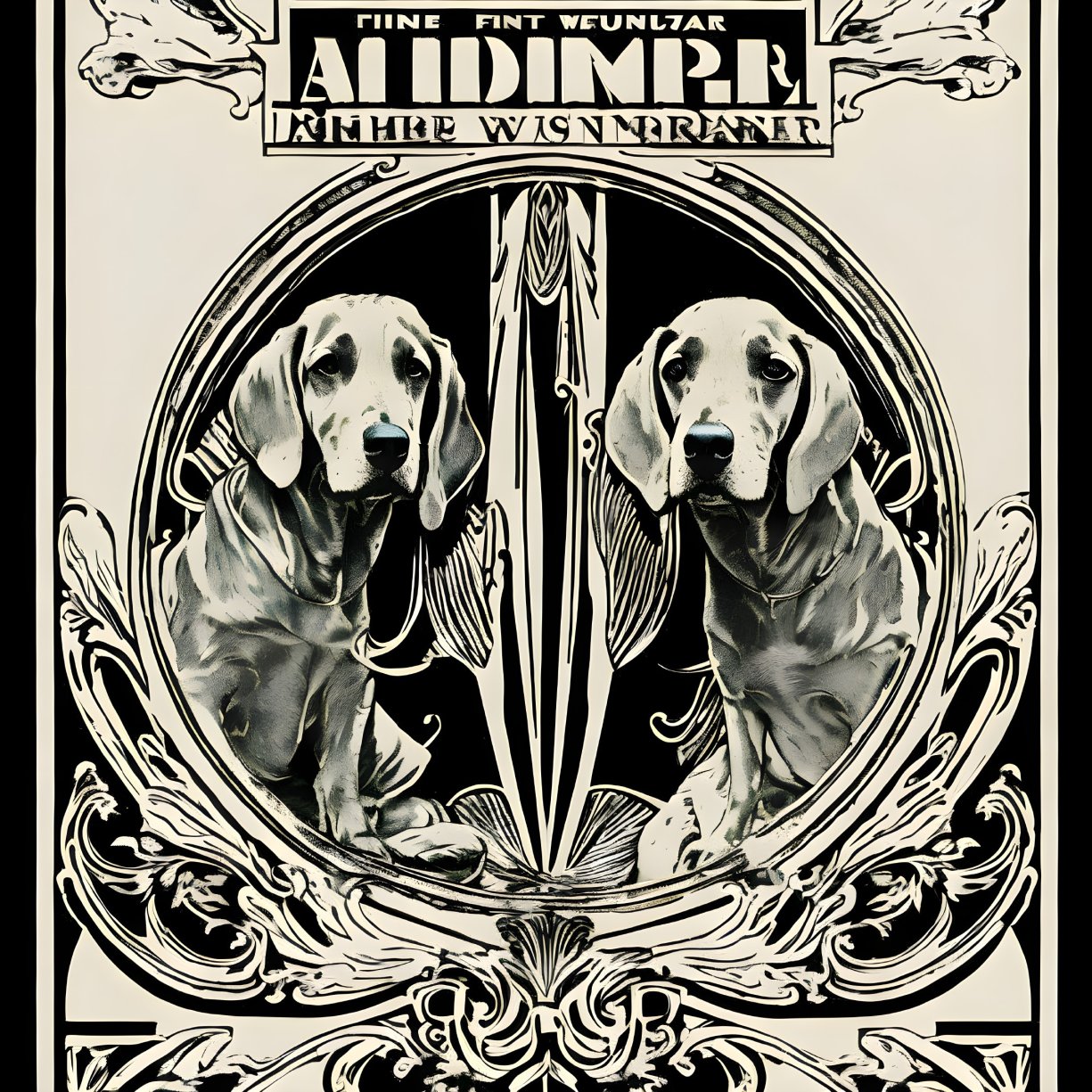 Symmetrical Art Nouveau Poster with Hound and Floral Patterns