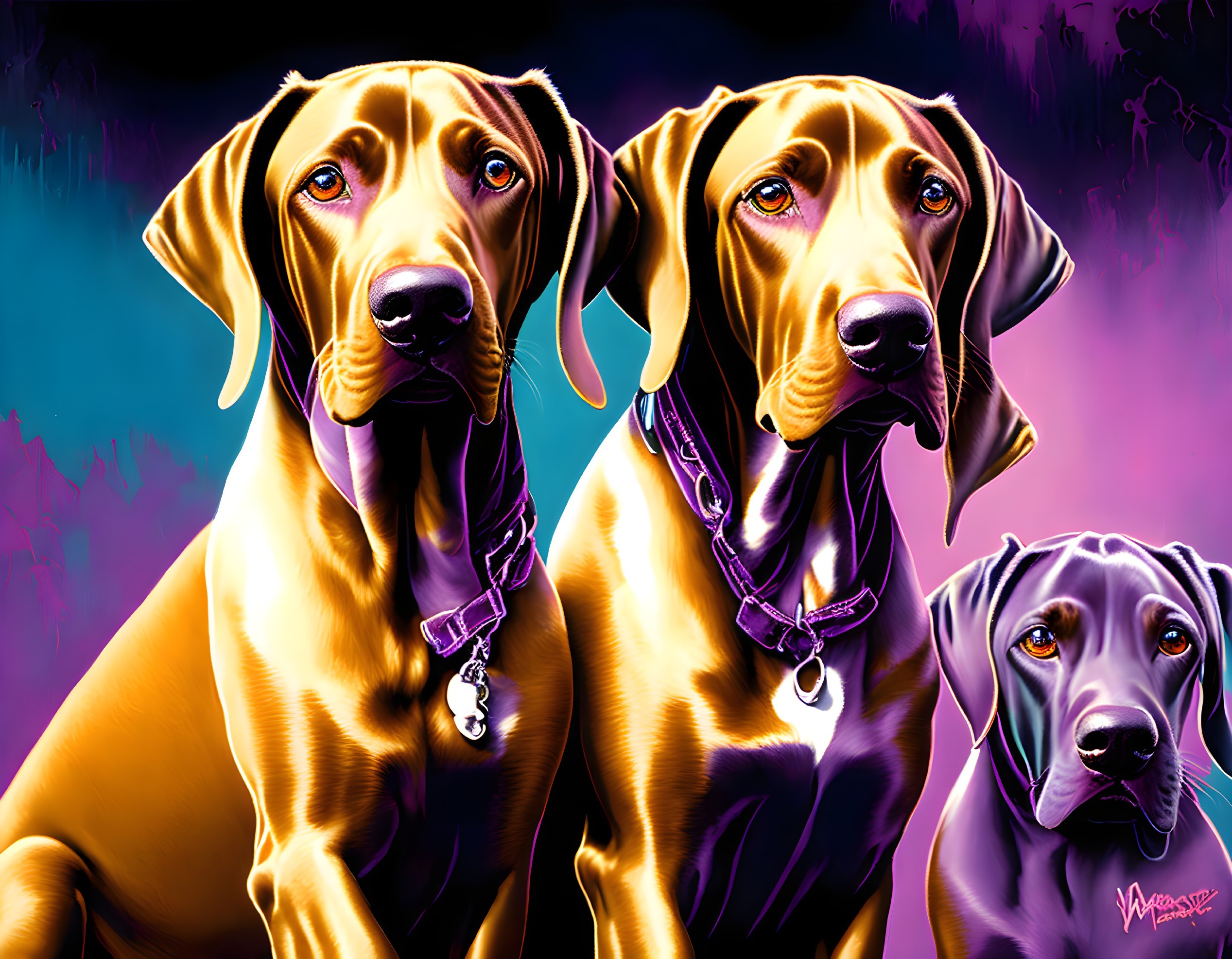 Colorful digital painting of two adult Rhodesian Ridgebacks and a puppy in vibrant purple and pink.