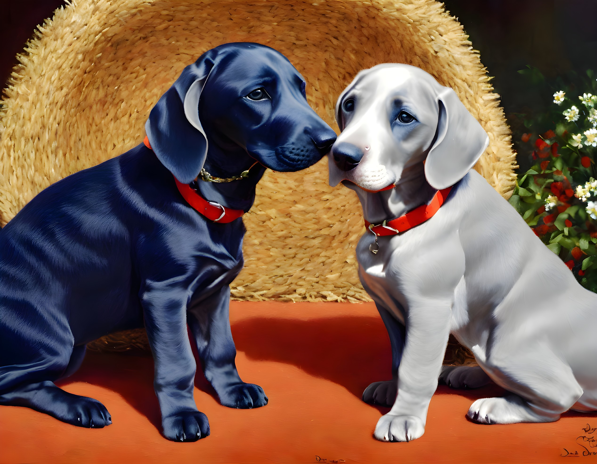 Two puppies, one black and one white with grey spots, sitting side by side with red collars