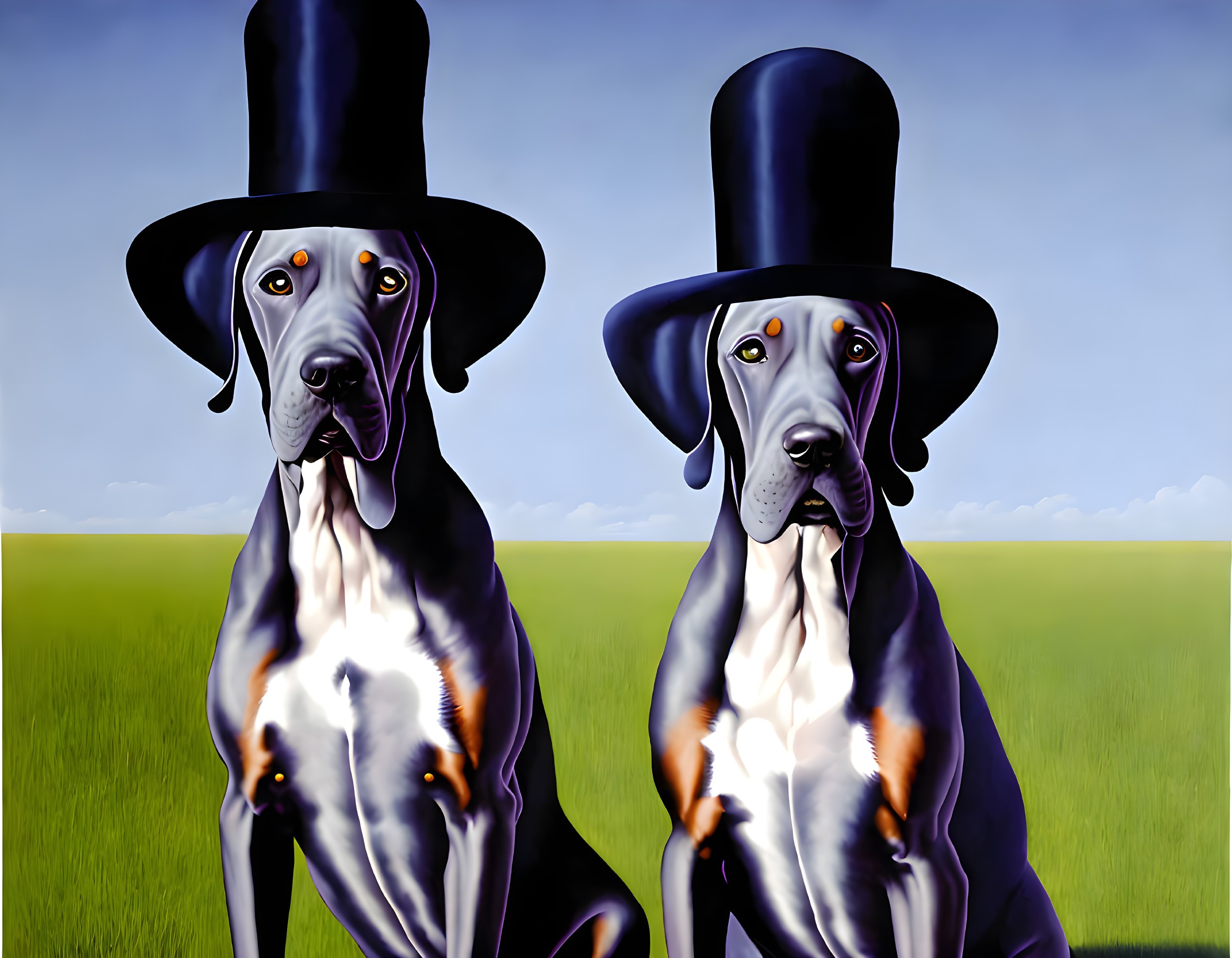 Cartoonish dogs in top hats against green field and blue sky