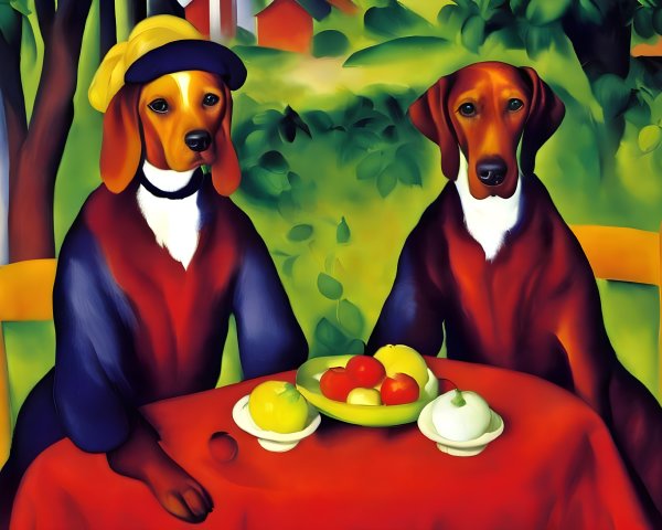 Anthropomorphic Dogs at Table with Fruit Bowl in Green Background