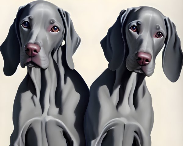 Realistic Painting of Two Grey Weimaraner Dogs with Soulful Eyes