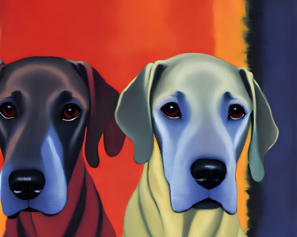 Solemn Black and Yellow Dogs Sitting Together Against Warm Red and Cool Blue Backdrop