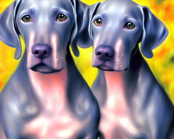 Two Grey Weimaraner Dogs Against Vibrant Yellow and Orange Background