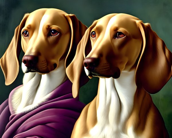 Regal hounds with glossy coats and soulful eyes under purple cloth