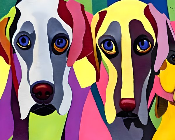 Vibrant abstract painting of two stylized dogs with expressive eyes