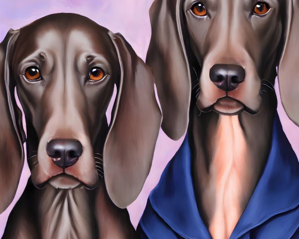 Two brown dogs with long ears and soulful eyes on pink and purple background