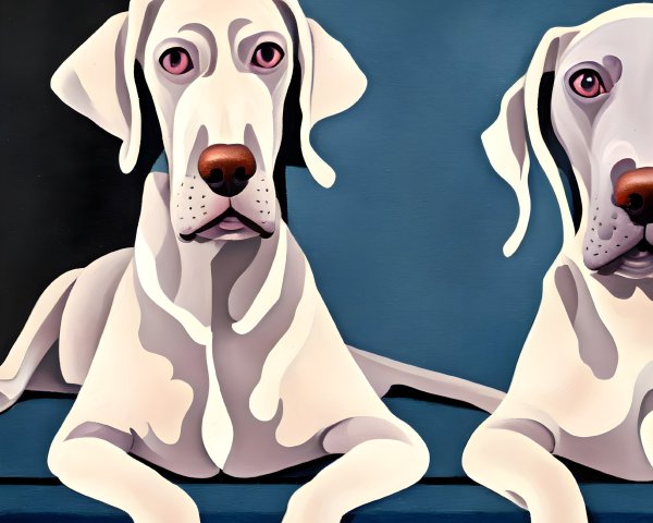 Stylized dogs with prominent eyes in muted colors on dark blue background