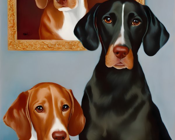 Three dogs posing with portrait of another dog.