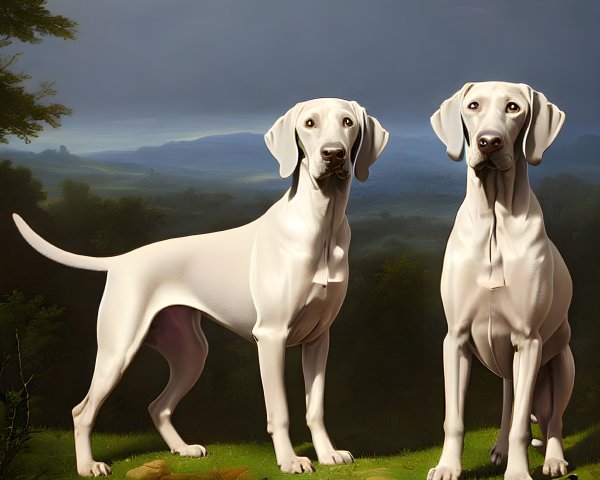 Two White Pointers in Natural Landscape with Dusky Sky