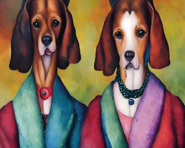 Anthropomorphized dogs in berets and scarves showcase elegance and whimsy