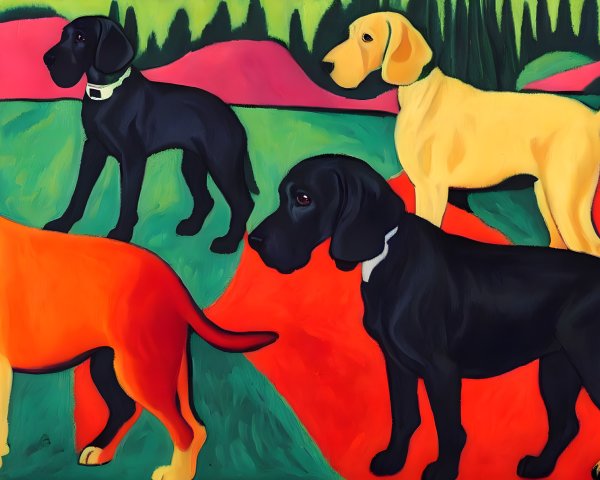 Vibrant Painting Featuring Three Dogs on Colorful Background