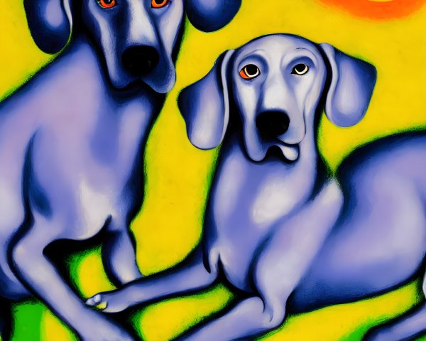 Stylized blue dogs with human-like eyes and red dots on a colorful background