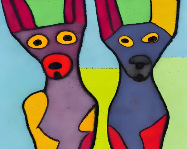 Vibrant Abstract Painting of Anthropomorphic Dogs