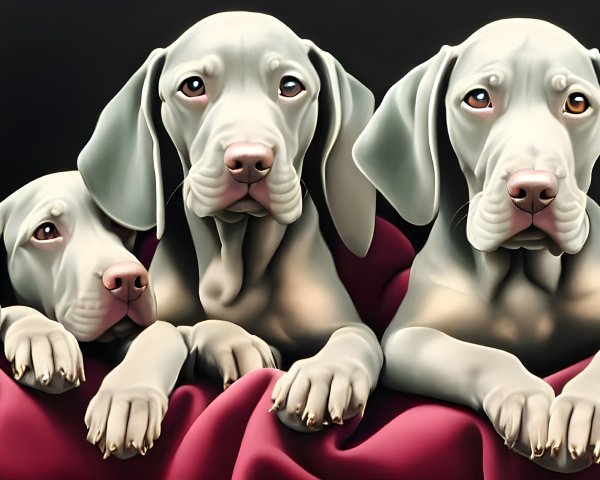 Three Grey Weimaraner Puppies on Burgundy Cloth