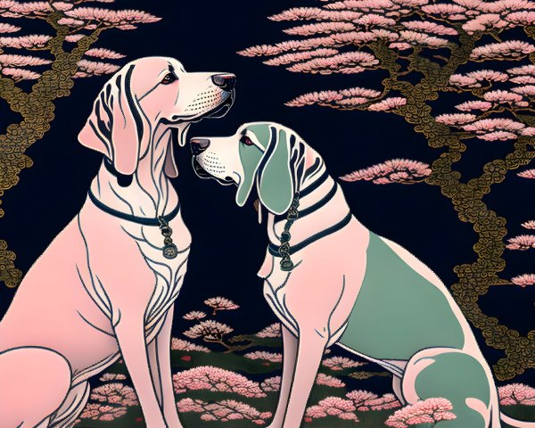 Stylized dogs under cherry blossom trees at night