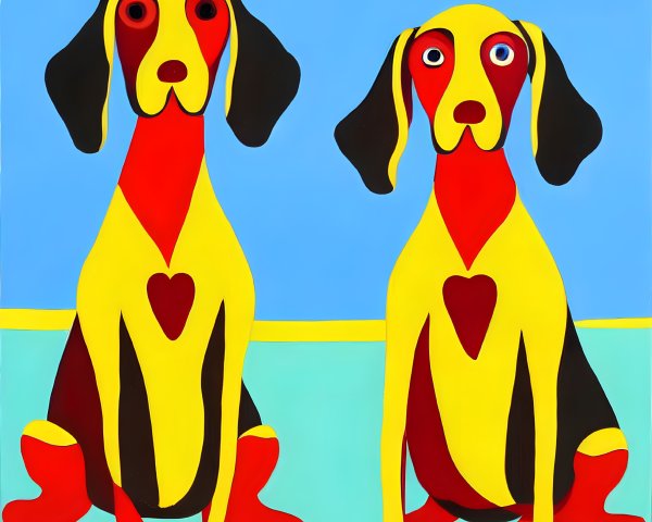 Stylized cartoon dogs with heart-shaped features on blue and yellow background