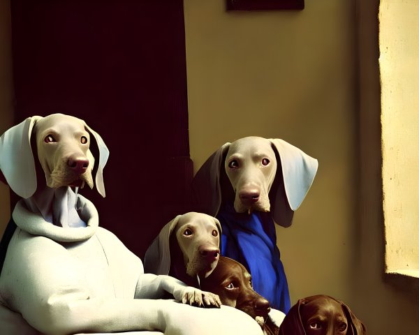 Five Dogs in Colorful Clothes with Exaggerated Human-like Eyes